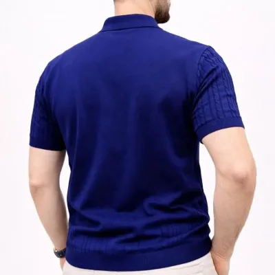 Męski Granatowy Krótki Rękaw Z Guzikami Polo Sweter 3