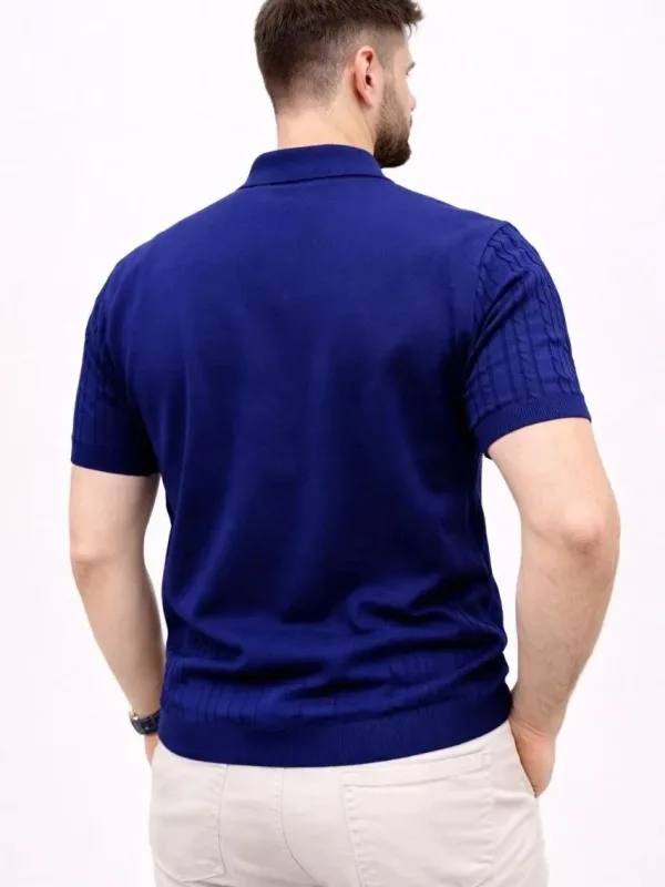 Męski Granatowy Krótki Rękaw Z Guzikami Polo Sweter 3
