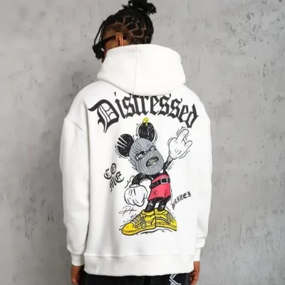 Bărbați Alb Oversize 3 Fire Bumbac Glugă Imprimat Cu Buzunar Sweatshirt 1