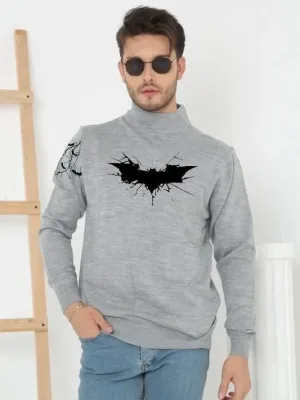 Pánský šedý poloroláčkový potištěný triko svetr