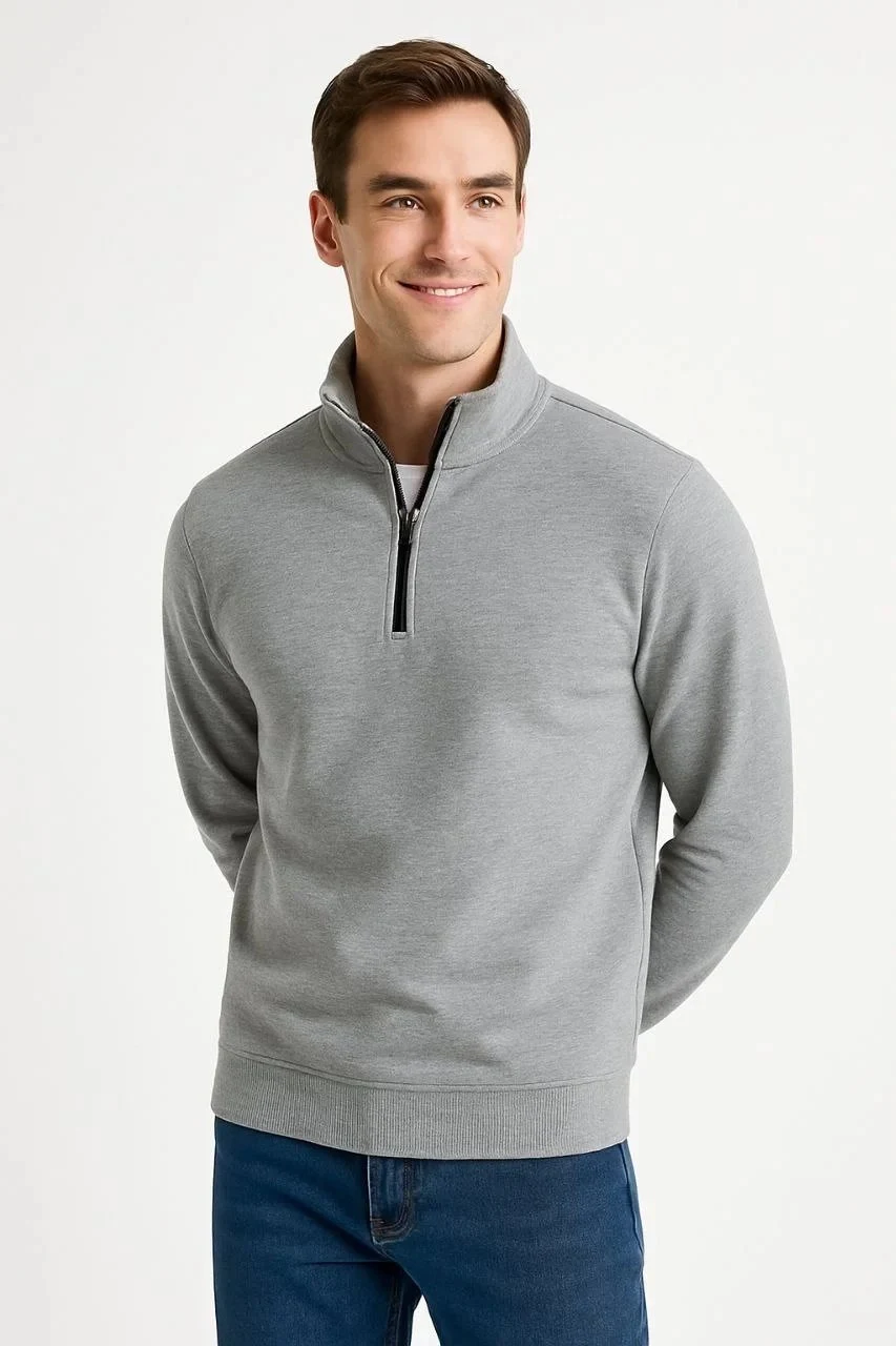 Pánský šedý stojáček s polovičním zipem, 3-nitní silný bavlněný sweatshirt