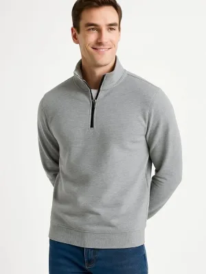 Pánský šedý stojáček s polovičním zipem, 3-nitní silný bavlněný sweatshirt