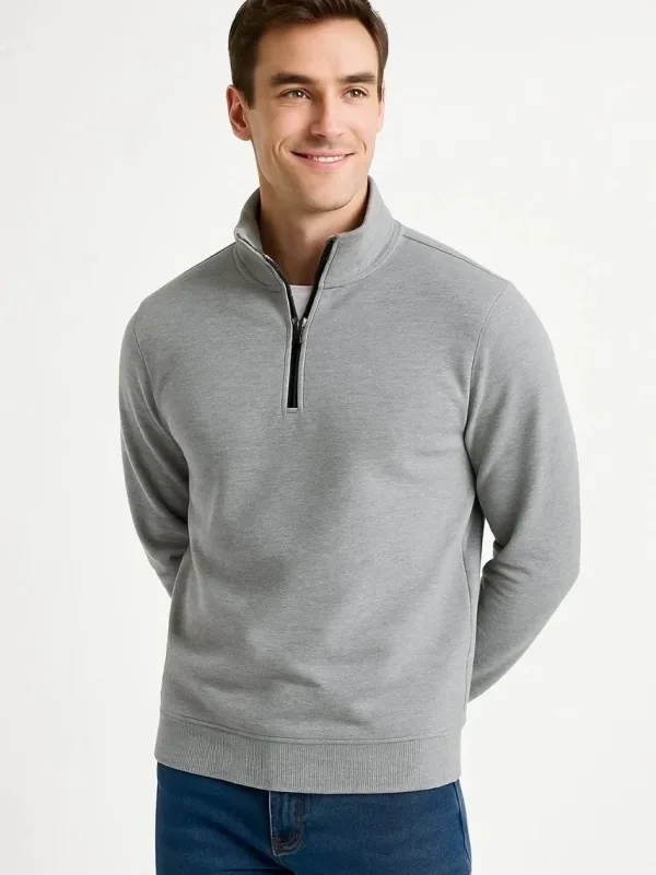 Pánský šedý stojáček s polovičním zipem, 3-nitní silný bavlněný sweatshirt 1