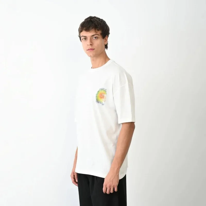 Tricou pentru bărbați, alb, oversized, cu guler tip bicicletă, imprimat
