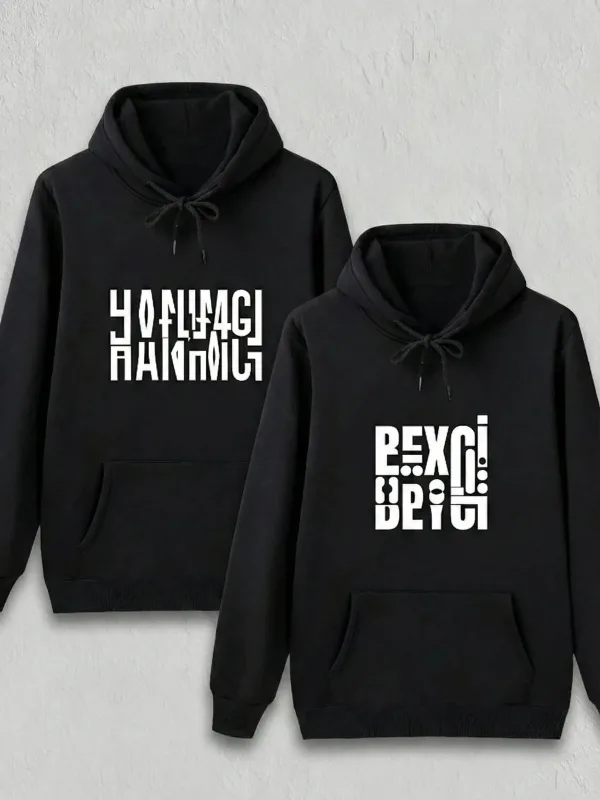 Damski Czarny Oversize Walentynkowy Nadruk Kaptur Sweatshirt 2
