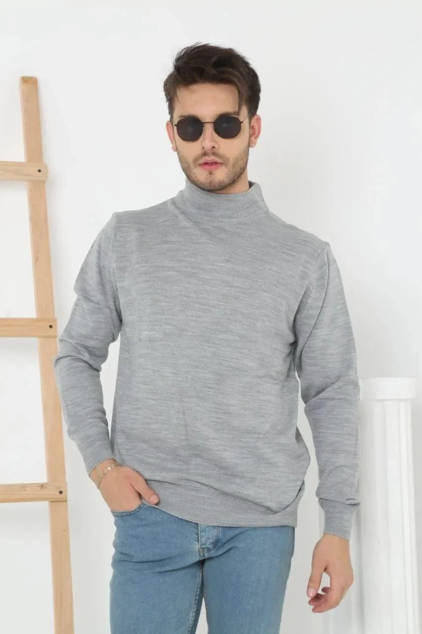 Men's Gray Half Turtleneck Soft Cotton Knit Sweater