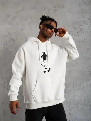 Muški Bijeli Nihilistički Pingvin Štampani 3 Nitni Pamučni Kapuljačasti Sweatshirt