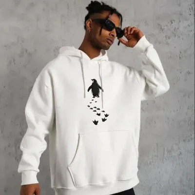 Muški Bijeli Nihilistički Pingvin Štampani 3 Nitni Pamučni Kapuljačasti Sweatshirt 1