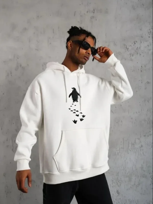 Muški Bijeli Nihilistički Pingvin Štampani 3 Nitni Pamučni Kapuljačasti Sweatshirt 1
