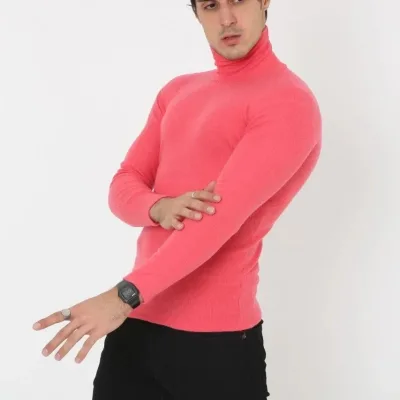 Men's Pink Slim Fit Lycra Turtleneck Bodysuit 2