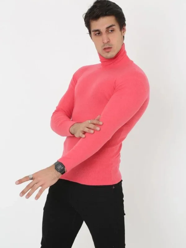 Men's Pink Slim Fit Lycra Turtleneck Bodysuit 2