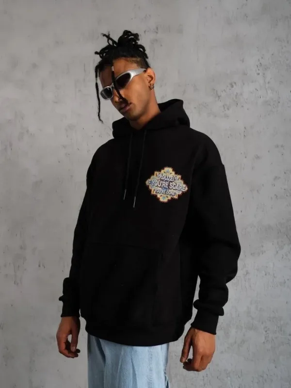 Men's Black Oversize 3-Thread Cotton Hooded Printed Sweatshirt with Pockets 3