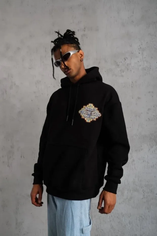Men's Black Oversize 3-Thread Cotton Hooded Printed Sweatshirt with Pockets 3