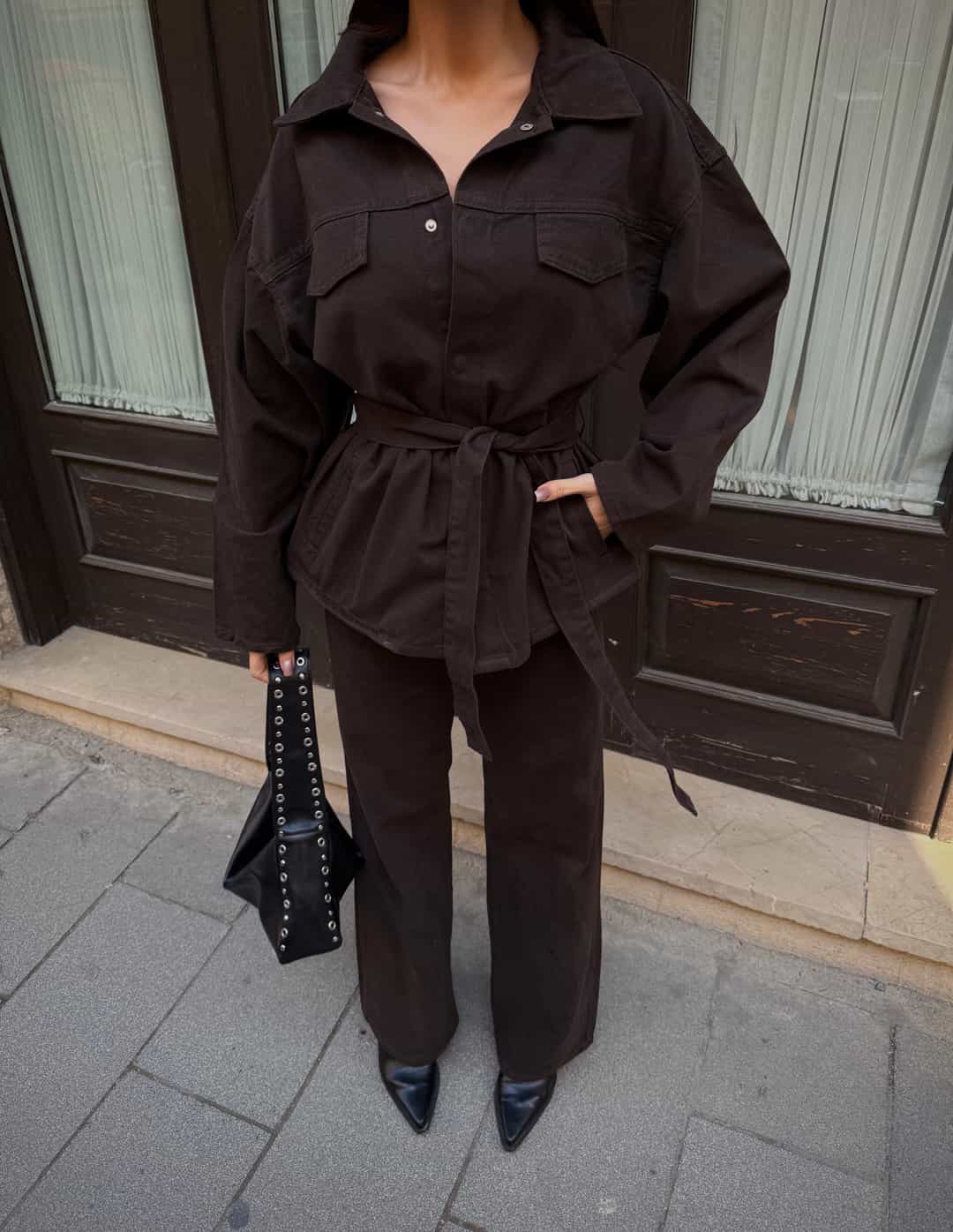 Gabardin set sa kaišem na struku: sako i pantalone - Gorka čokolada 2