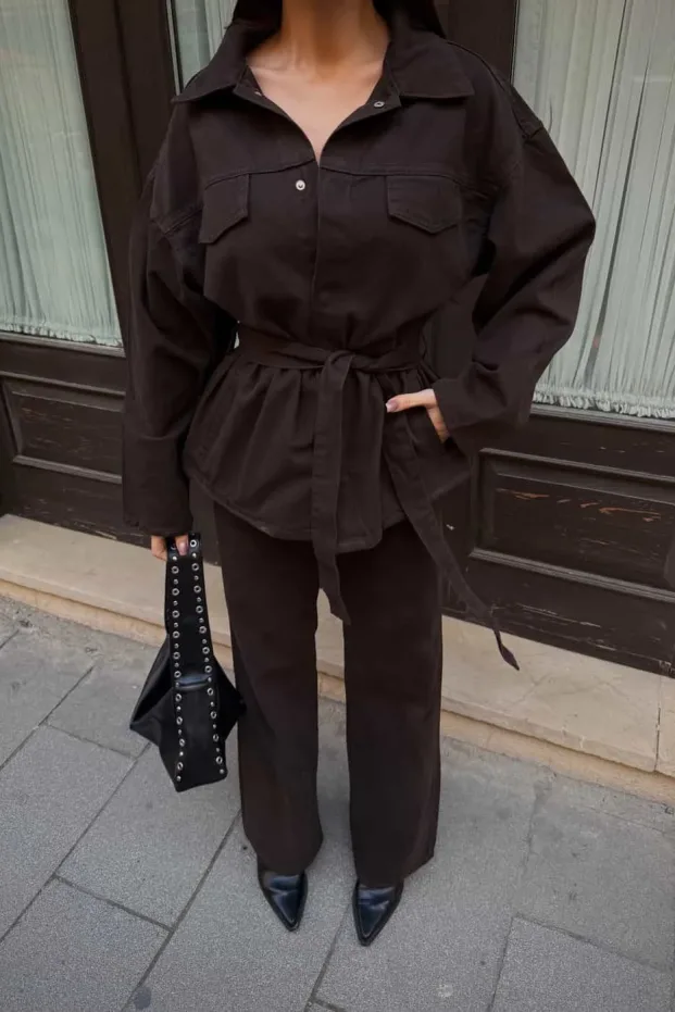 Gabardin set sa kaišem na struku: sako i pantalone - Gorka čokolada 2
