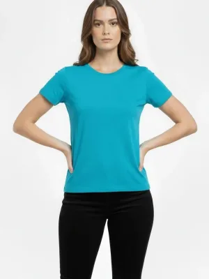 Dámské tyrkysové slim fit tričko s lycrou a cyklistickým výstřihem basic