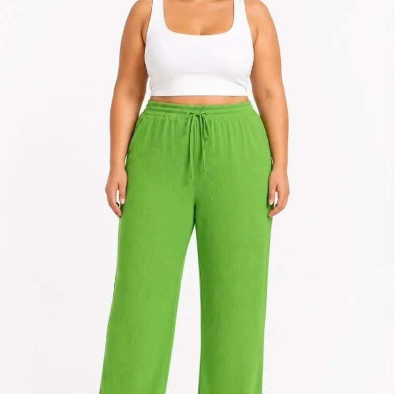 Women's Green Wide Leg Elastic Waist Crepe Palazzo Pants