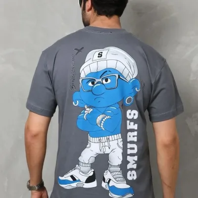 Tricou pentru bărbați, gri fumuriu, oversized, cu gât rotund, imprimat 6