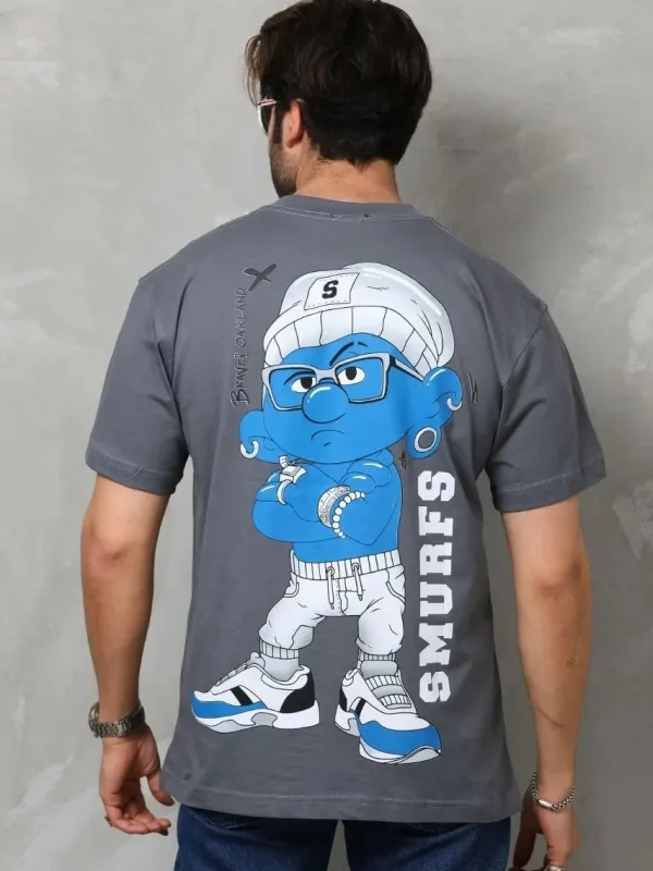 Tricou pentru bărbați, gri fumuriu, oversized, cu gât rotund, imprimat 6