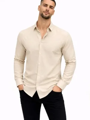 Ανδρικό Μπεζ Regular Fit Πουκάμισο με Λινό Ύφασμα και Μακριά Μανίκια