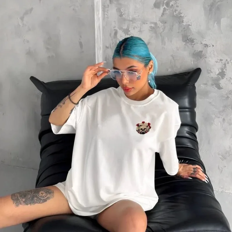 Damski Biały Oversize Rowerowy Kołnierz Czaszka Nadrukowany T-shirt