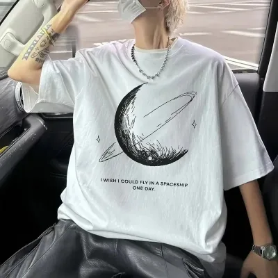 Ανδρικό Λευκό Oversize Ποδήλατο Λαιμό Εκτύπωση T-Shirt 2