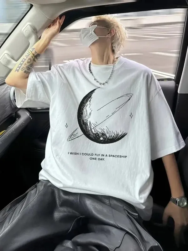 Ανδρικό Λευκό Oversize Ποδήλατο Λαιμό Εκτύπωση T-Shirt 2