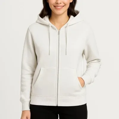 Dámský bílý sweatshirt s kapucí, celoplošným zipem a kapsou klokaní, 3-nitný 4