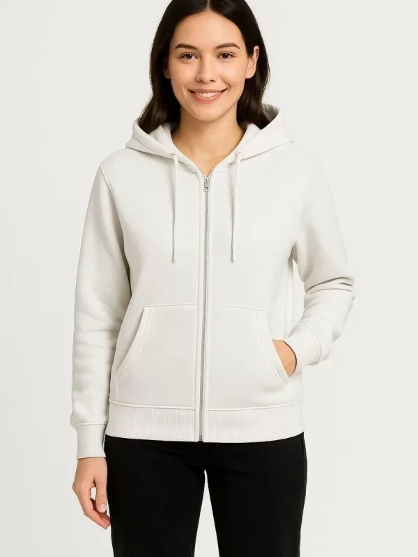 Dámský bílý sweatshirt s kapucí, celoplošným zipem a kapsou klokaní, 3-nitný 4