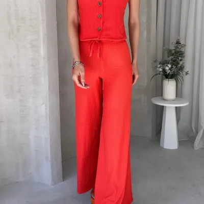 Set sa visokim strukom udobnih pantalona i prslukom bez rukava - Narandžasta 3