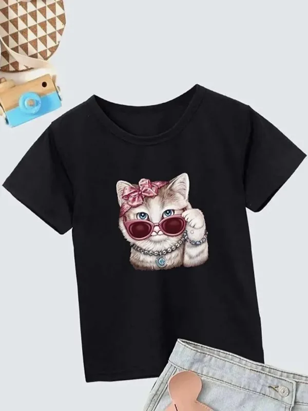 Vajzë T-shirt i zi me jakë biçiklete dhe printim 1