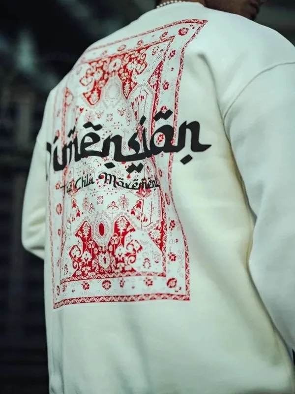 Férfi fehér 3 szálas pamut kerek nyakú nyomott sweatshirt 2