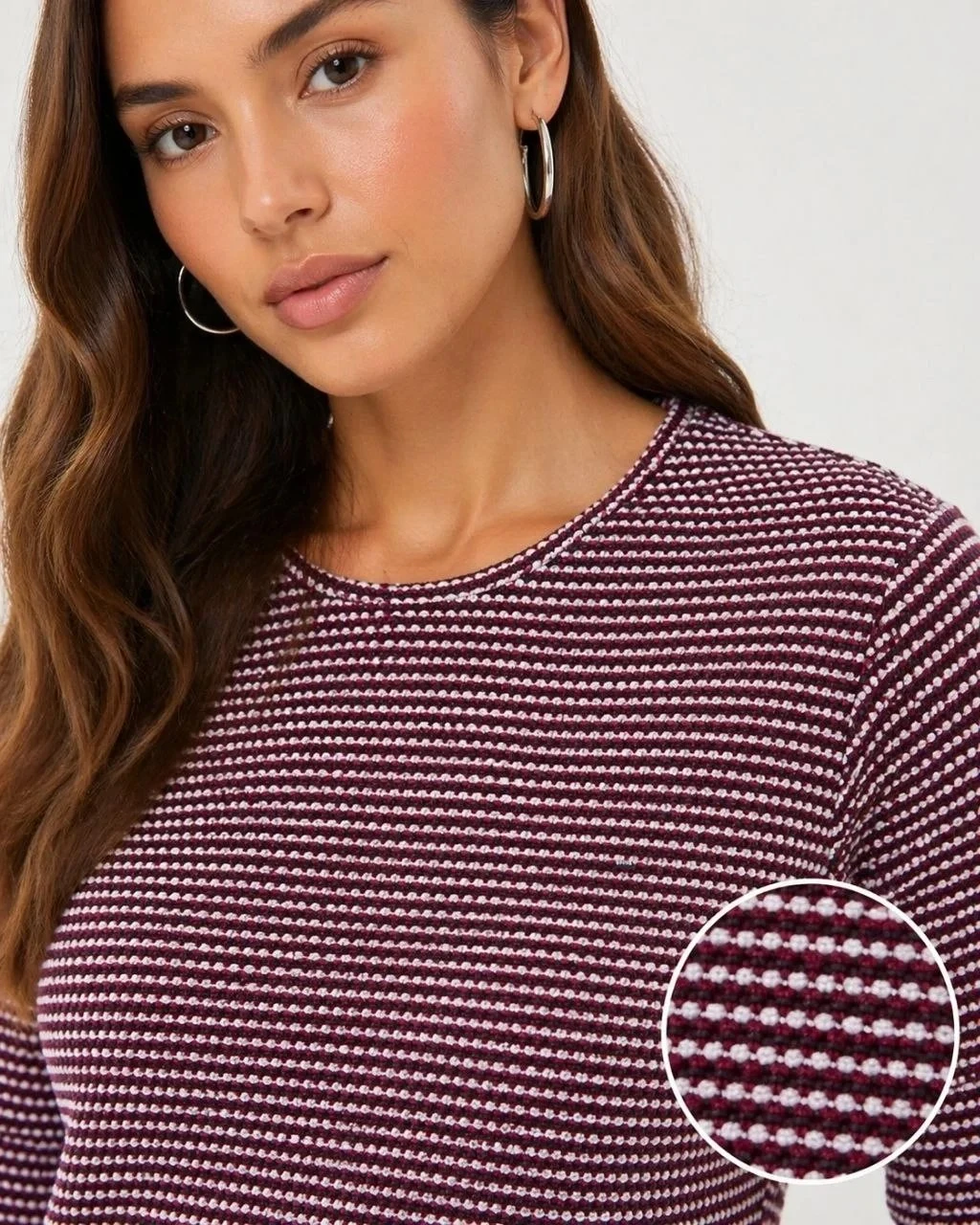 Femeie Visiniu Texturat Dungi Croială Ovală Mânecă Lungă Tricou
