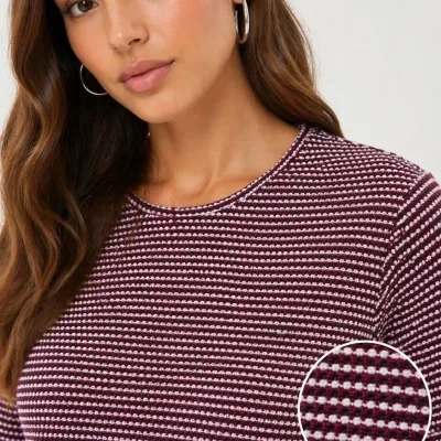 Femeie Visiniu Texturat Dungi Croială Ovală Mânecă Lungă Tricou 1