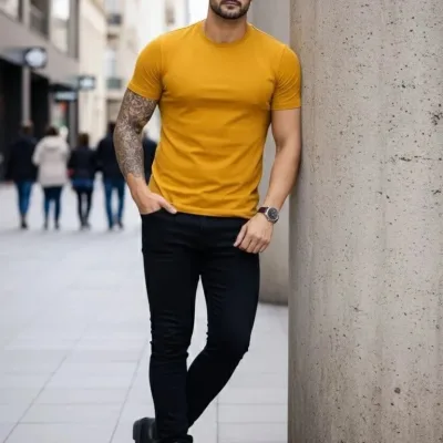 Pánsky citrónový slim fit bicyklový elastický body tričko 3