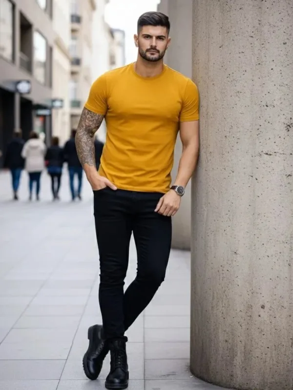 Pánsky citrónový slim fit bicyklový elastický body tričko 3