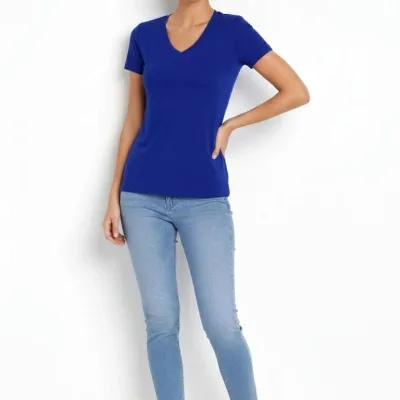 Dámské indigové slim fit tričko s výstřihem do V z elastické základní tkaniny 2