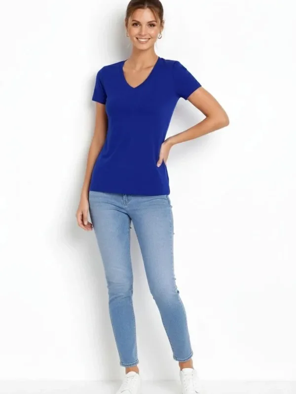 Dámské indigové slim fit tričko s výstřihem do V z elastické základní tkaniny 2