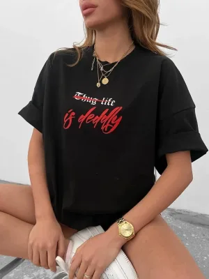 Women's Black Oversize Crew Neck Printed Short Sleeve T-Shirt