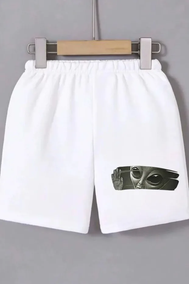 Women's White Elastic Waist Printed Mini Shorts 1