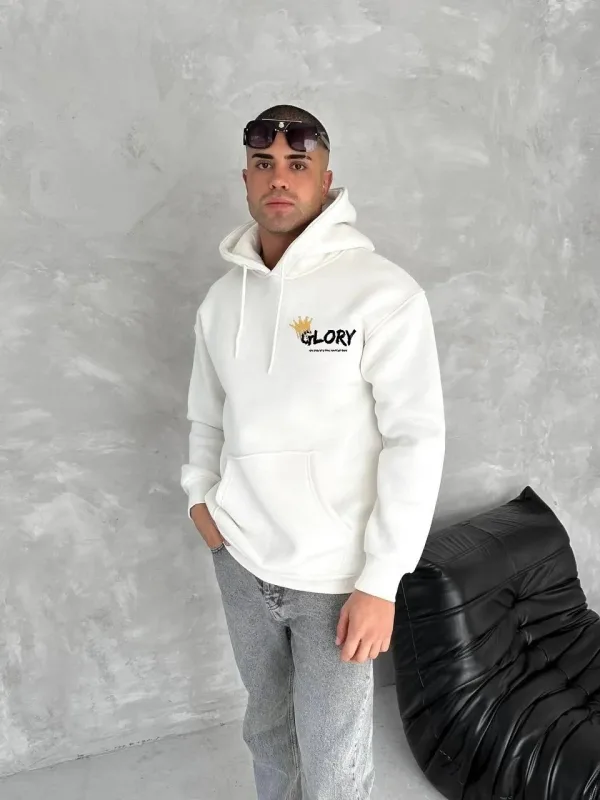 Muška bijela 3-nitna pamučna kapuljača s printom i kengur džepom sweatshirt 1