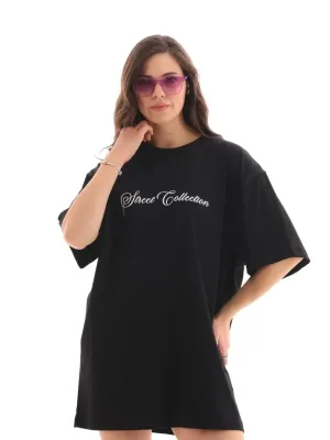 Ženska crna oversize bicikli kragna štampana majica