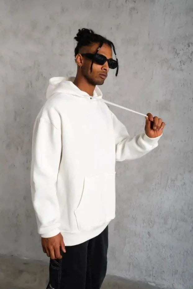 Pánské bílé oversized 3-nitné bavlněné mikiny s kapucí a kapsami 1