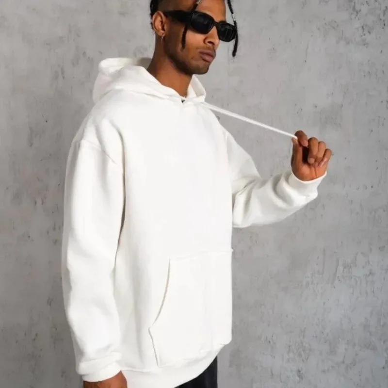 Muški bijeli oversize 3-nitni pamučni hoodie s džepovima