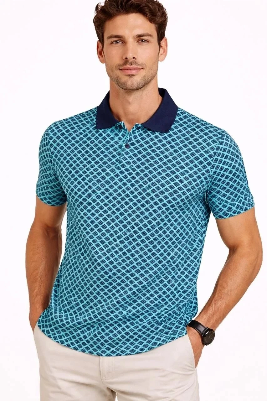 Man Turquoise Pique Fabric Polo Collar Patterned Short Sleeve T-Shirt