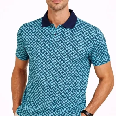 Man Turquoise Pique Fabric Polo Collar Patterned Short Sleeve T-Shirt 1
