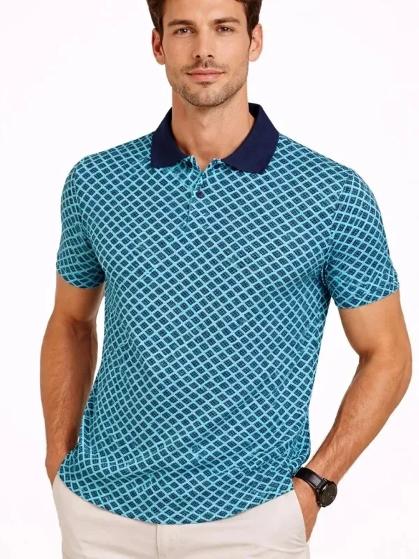 Man Turquoise Pique Fabric Polo Collar Patterned Short Sleeve T-Shirt 1