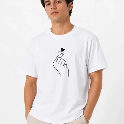 Muški bijeli oversize print srce tema kratki rukav majica 3