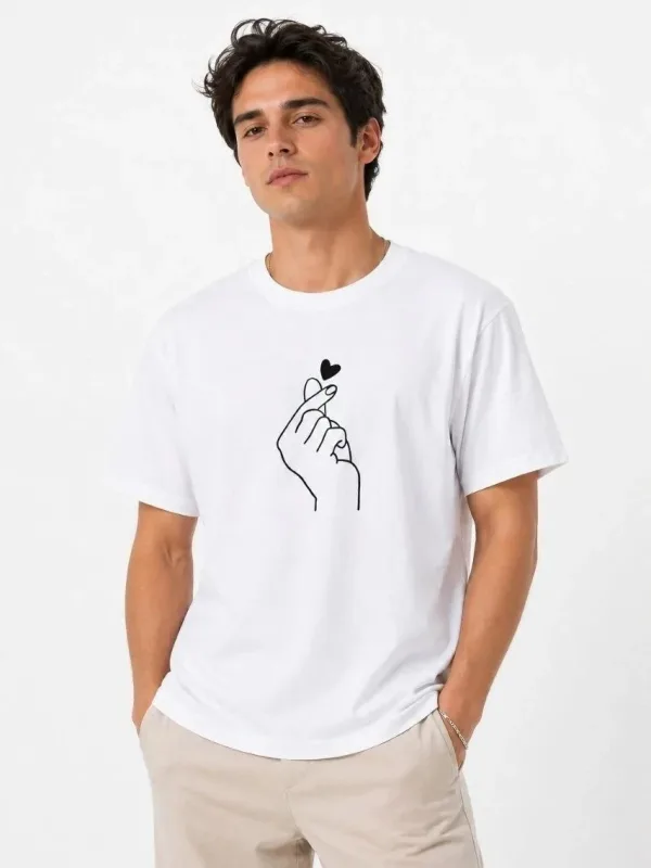 Muški bijeli oversize print srce tema kratki rukav majica 3