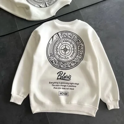 Női Fehér Oversize 3 Szálas Pamut Kerékpárnyakú Nyomott Sweatshirt 2